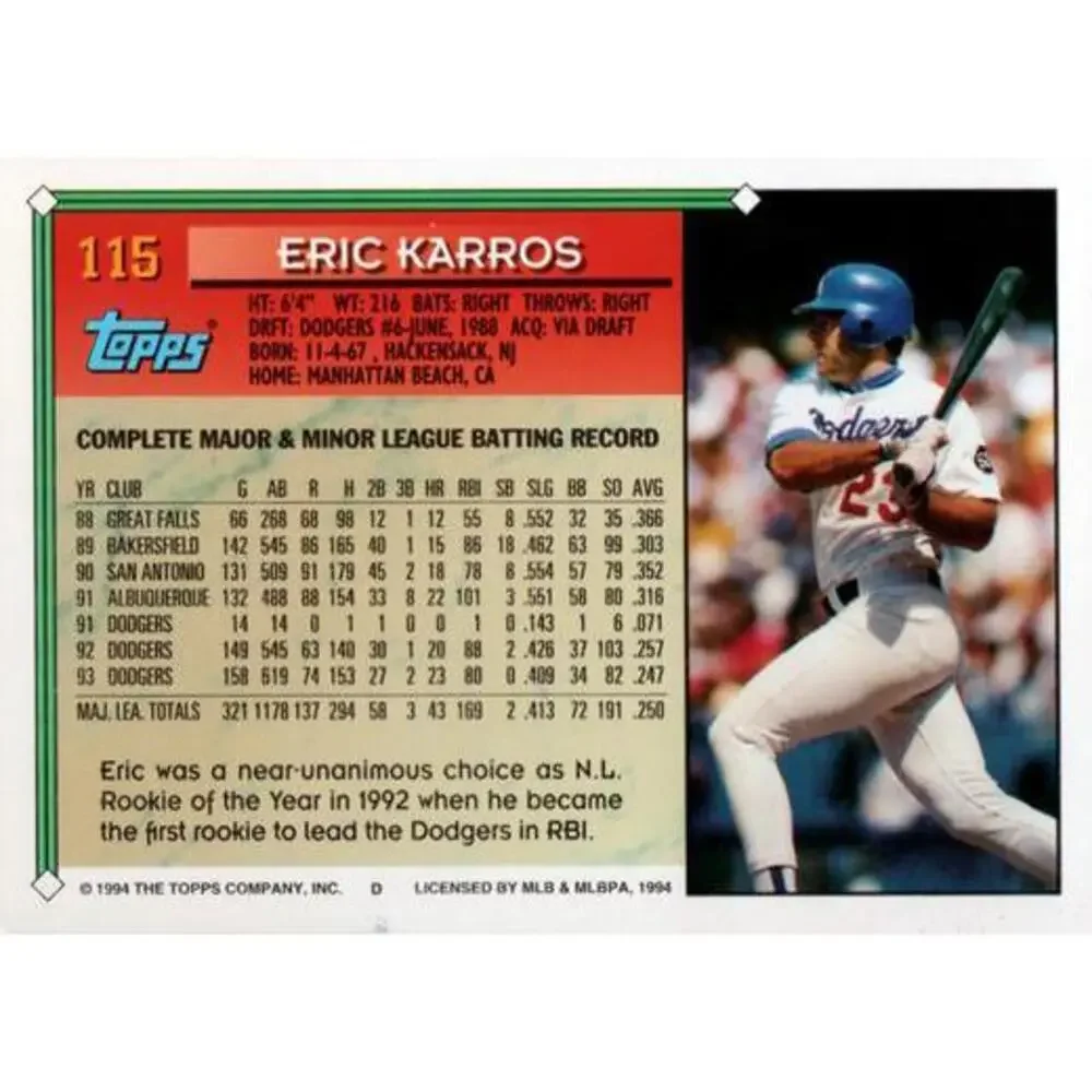 1994 Topps Eric Karros # 115 Los Angeles Dodgers